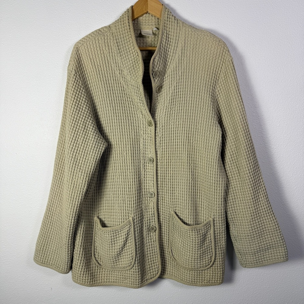 Focus Waffle Knit Cardigan Women L Tan Good Button Front Pocket Jacket